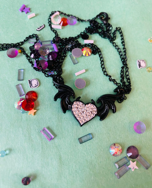 Bedazzled Heart Bat Necklace