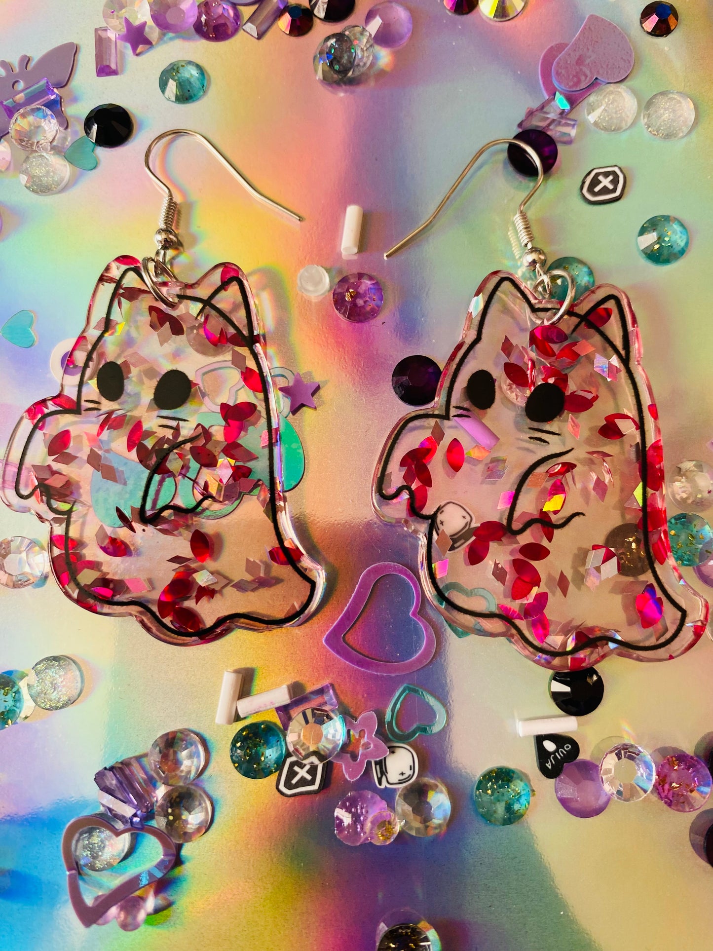 Glitter Ghost Cat Earrings