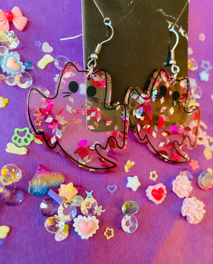 Glitter Ghost Cat Earrings