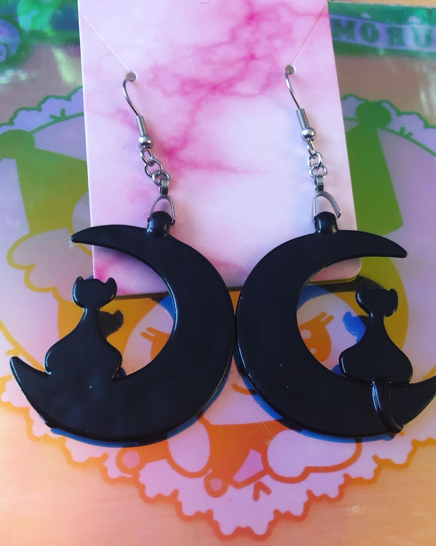 Metallic Cat on the Moon Earrings