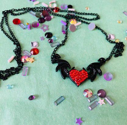 Bedazzled Heart Bat Necklace