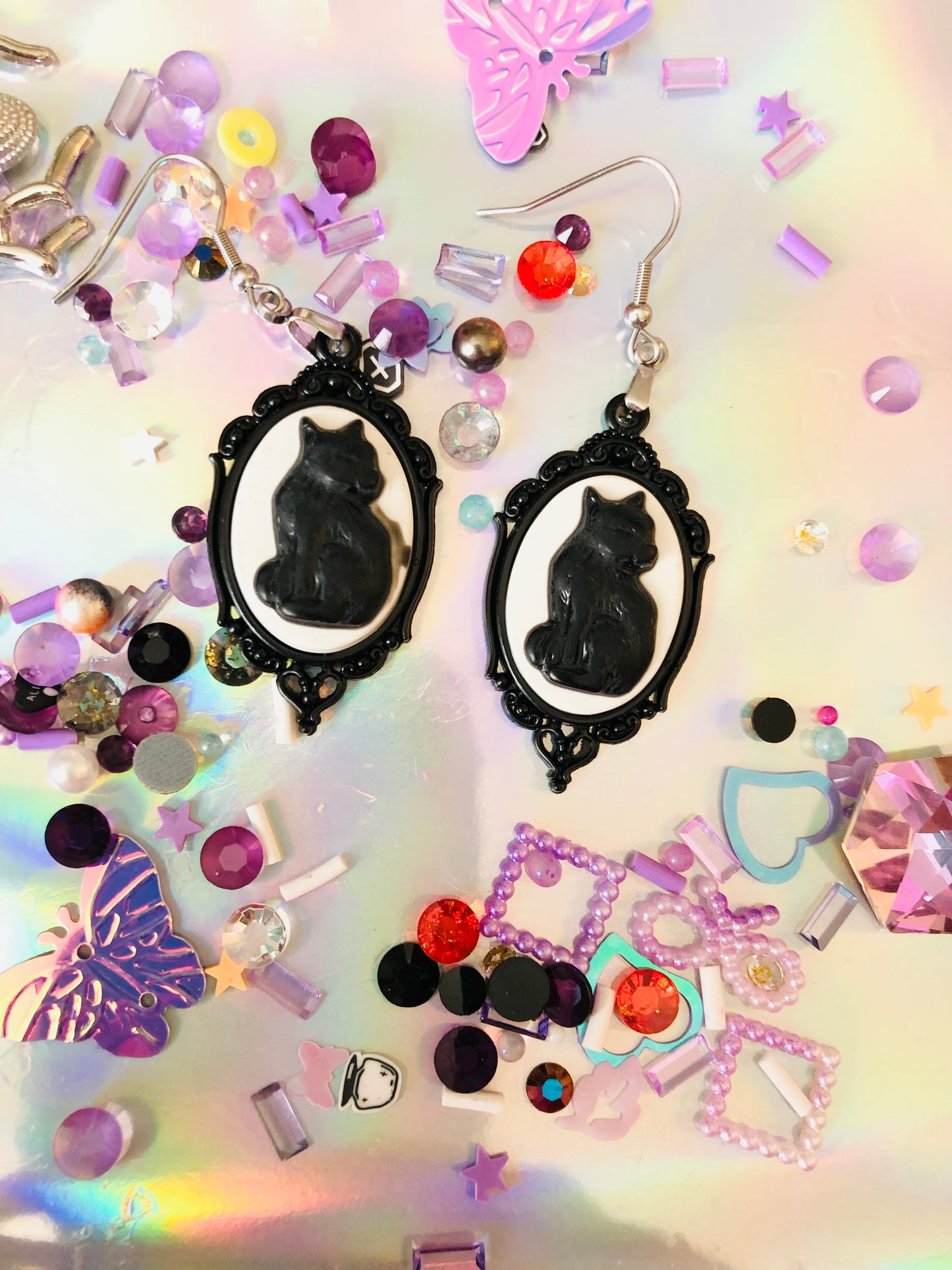 Black Cat Cameo Earrings