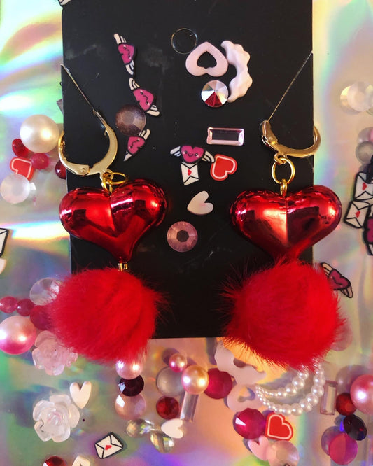 Fuzzy Heart Pom Earrings