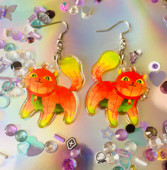 Flaming Pumpkin Kitty Earrings