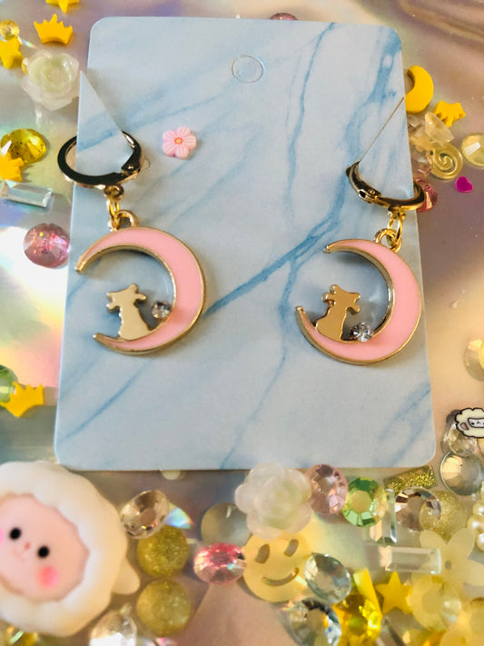 Pink Kitten Moon Earrings
