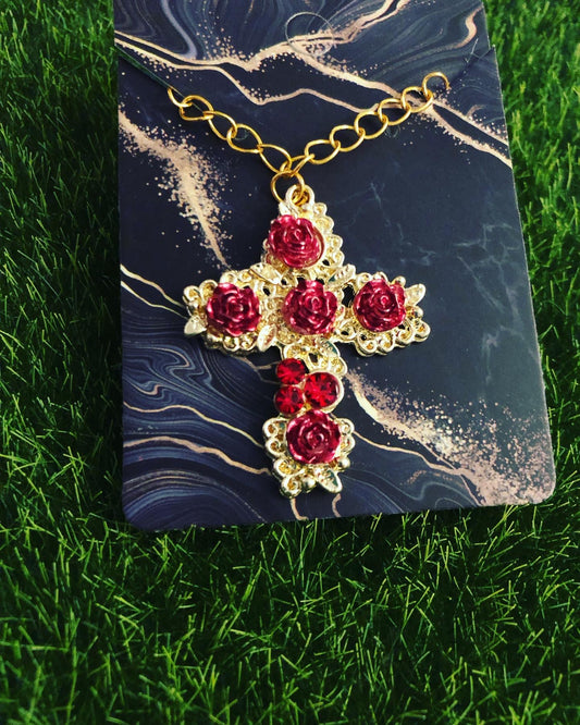 Red Rose Cross Necklace